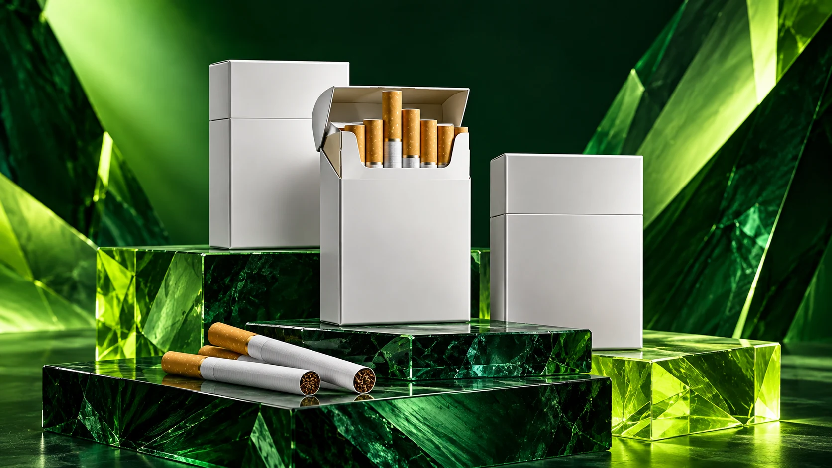 Cigarettes at Malton Cannabis Dispensary Generic unbranded cigarette packs in MCD01 forest green, lime and white studio artwork