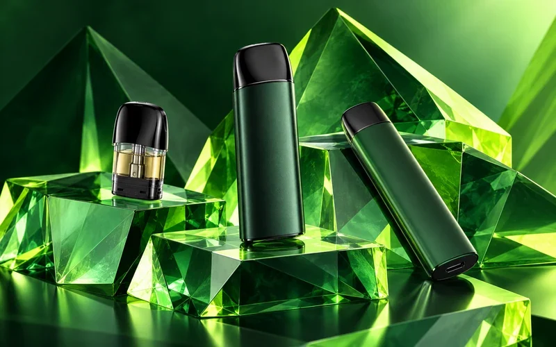 Vape pods and batteries in Malton Vape pods and black batteries on a green and purple background